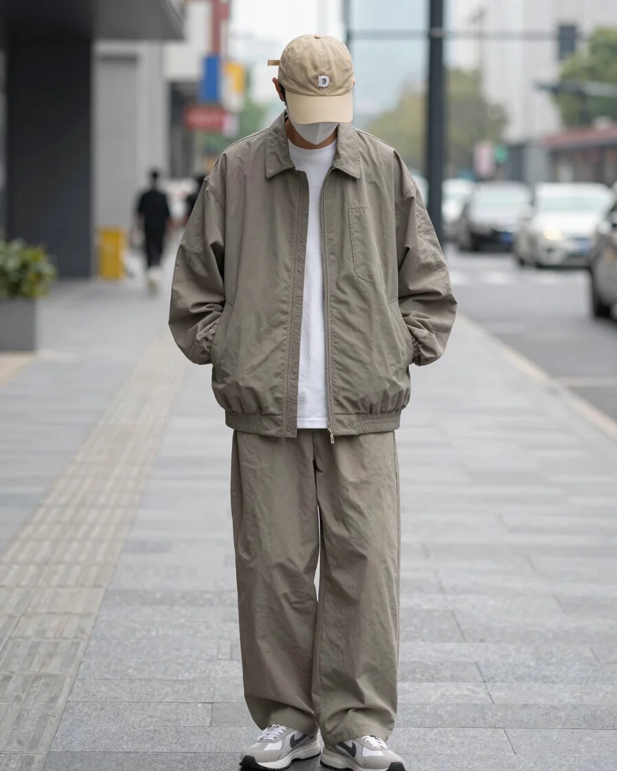 Full-body editorial view of a person in a drop-shoulder streetwear jacket and relaxed trousers, standing on an urban sid