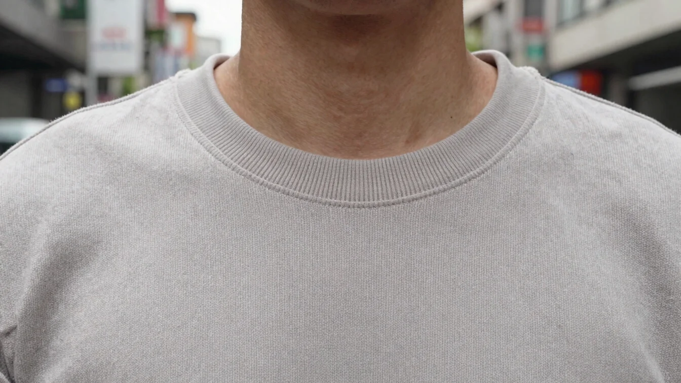 Close-up of a ribbed crew neck collar on a streetwear tee, showin