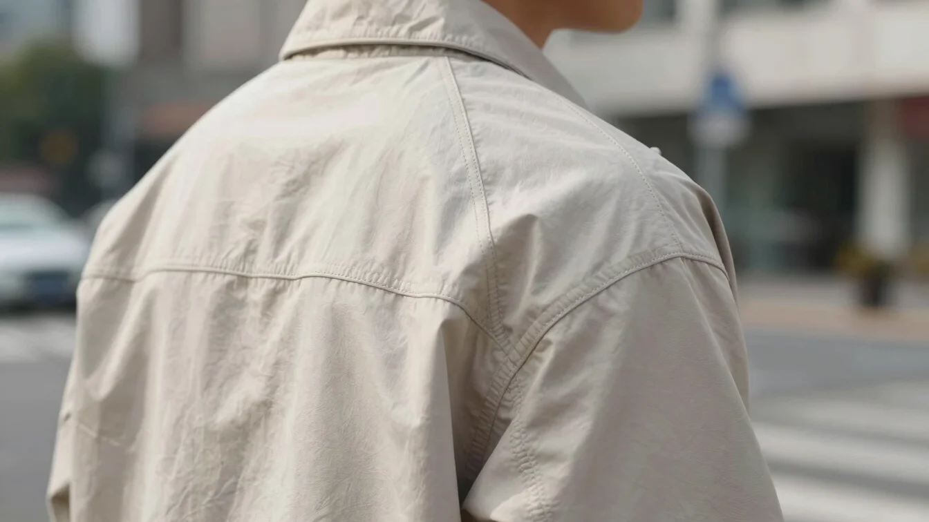Close-up of reinforced topstitching along a shoulder seam of a st
